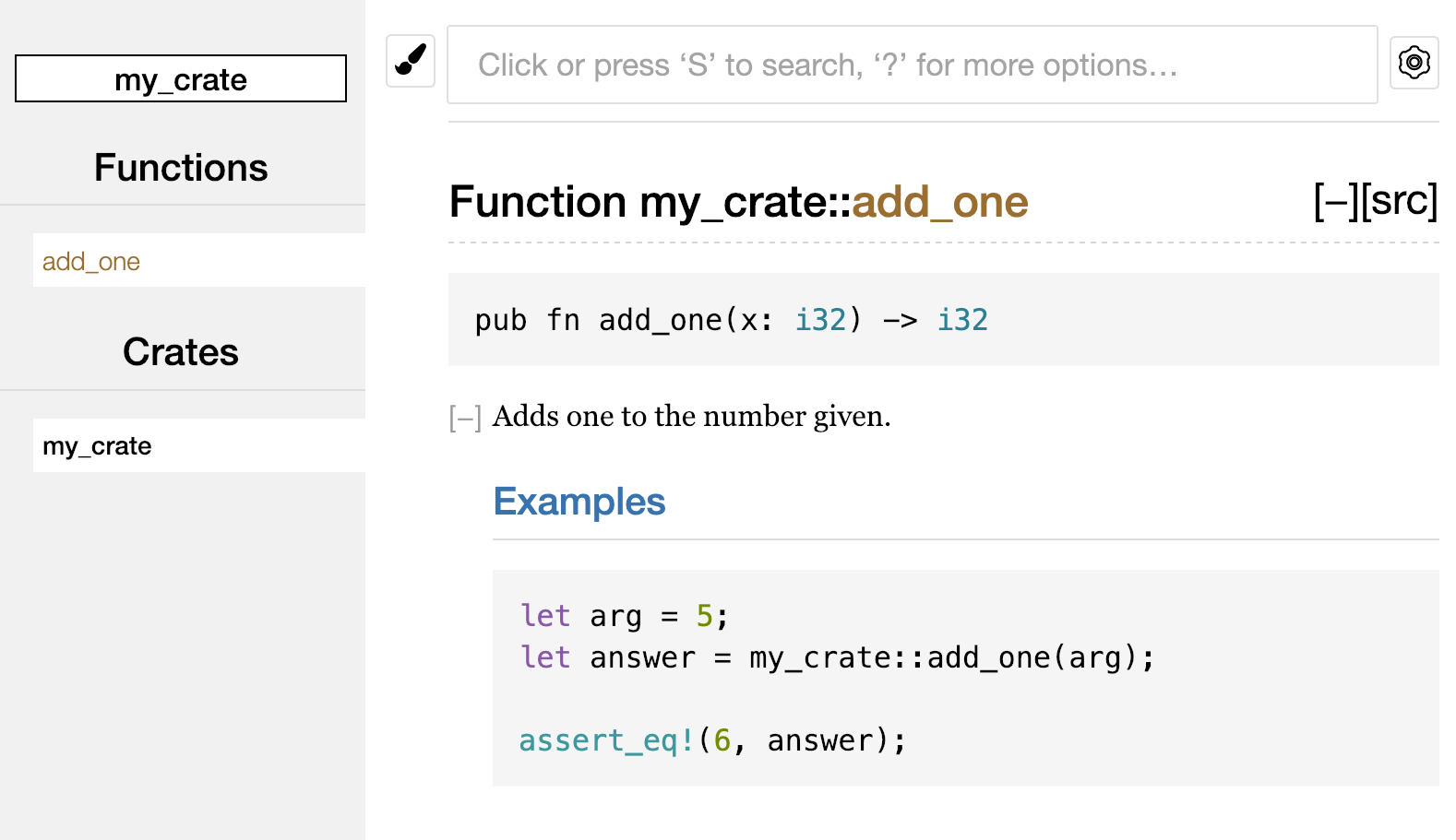 Documentación HTML renderizada para la función `add_one` de `my_crate`